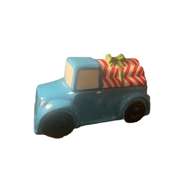 World Market Ceramic Blue Pick-Up Truck Cookie Jar w/Candy Cane Logs - Picture 1 of 10